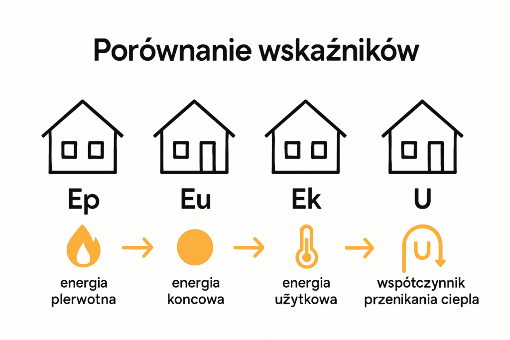Infografika: por&oacute;wnanie wskaźnik&oacute;w Ep, Eu, Ek i U budynku