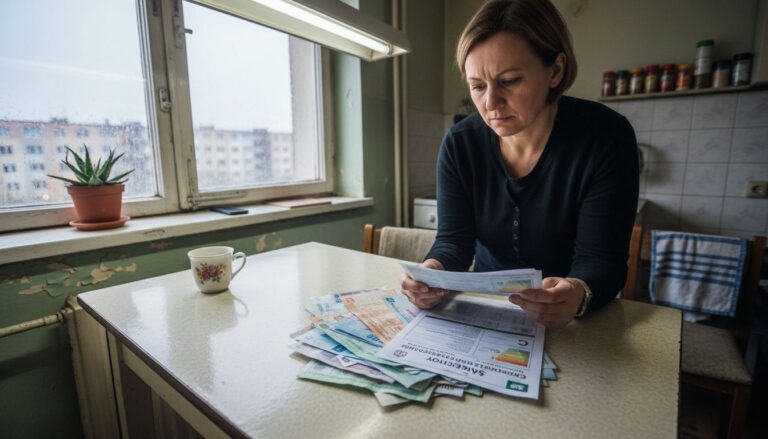 Kobieta siedzi przy stole i dokładnie zapoznaje się z certyfikatem energetycznym.
