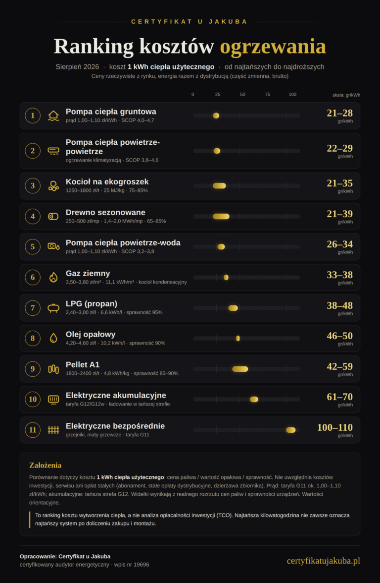 Ranking kosztów ogrzewania 2026 – koszt 1 kWh ciepła użytecznego